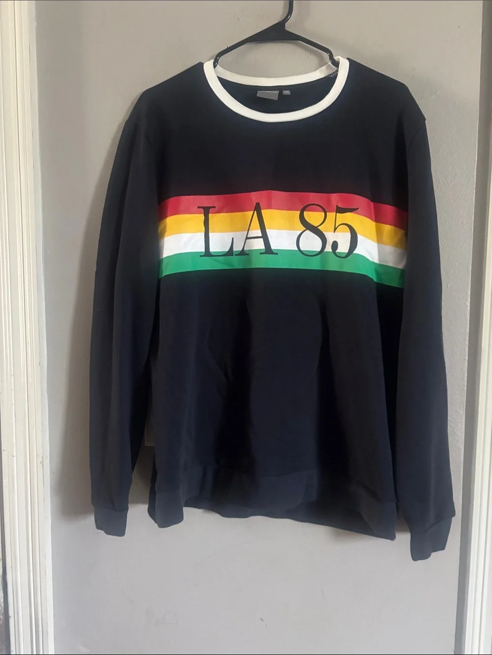 LA 85 Striped Crewneck Sweatshirt - Black with Red/Yellow/White/Green Stripes